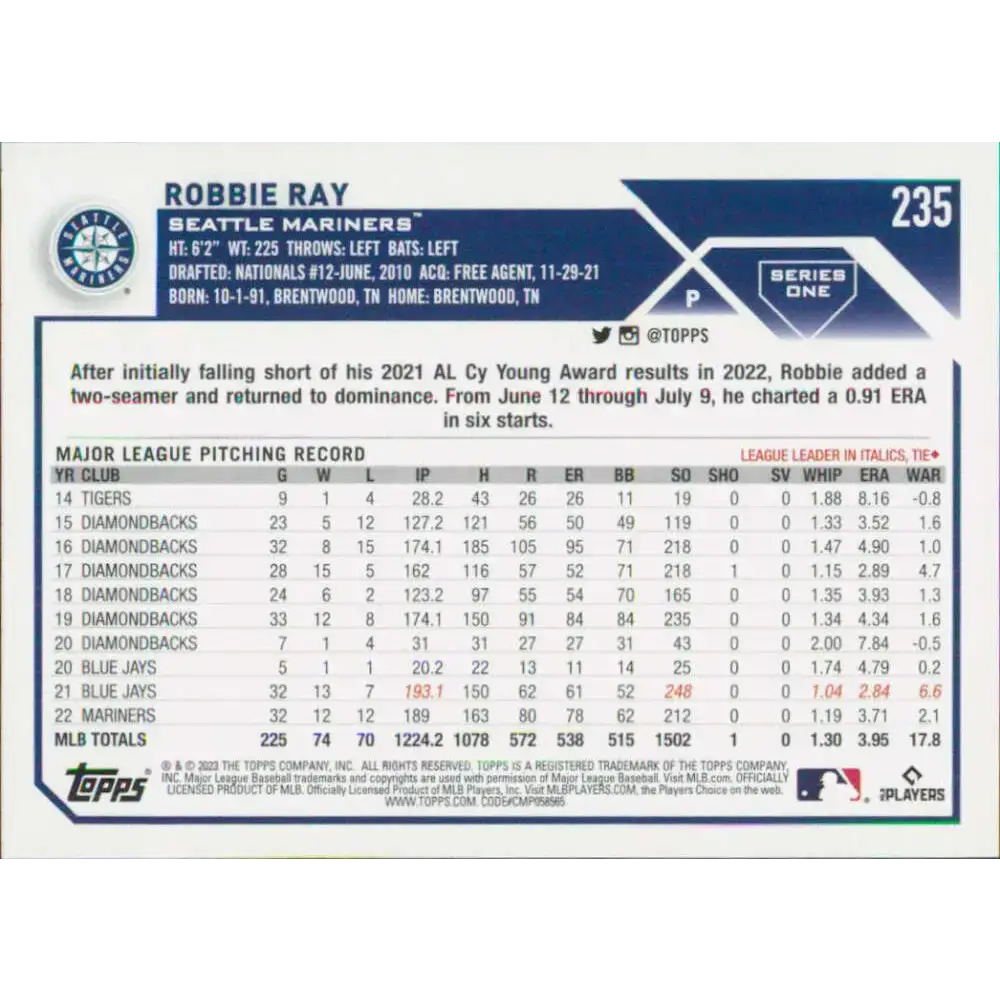 2023 Topps #235 Robbie Ray NM-MT Seattle Mariners Baseball Card - Baseball Card Single