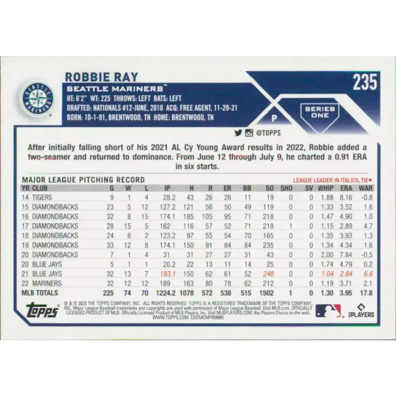 2023 Topps #235 Robbie Ray NM-MT Seattle Mariners Baseball Card - Baseball Card Single