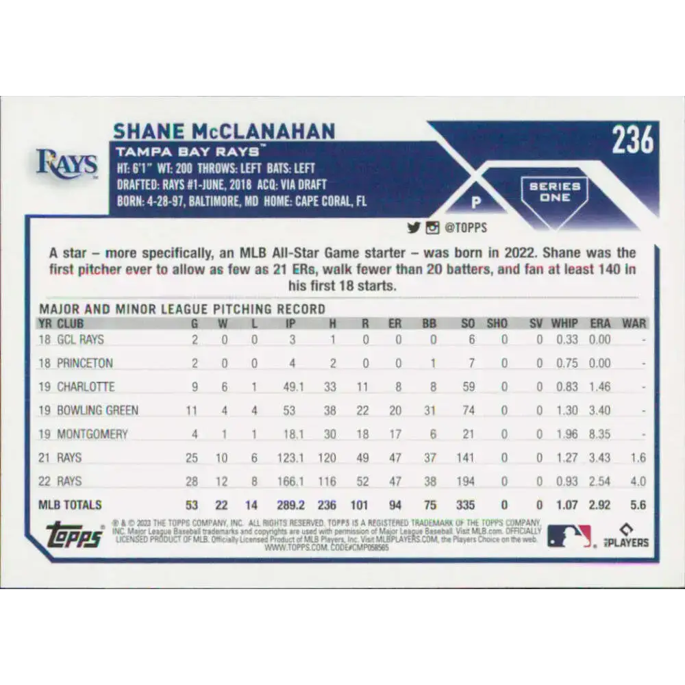 2023 Topps #236 Shane McClanahan NM-MT Tampa Bay Rays Baseball Card - Baseball Card Single