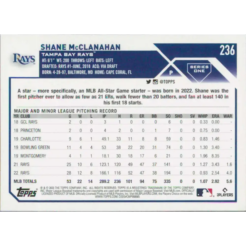 2023 Topps #236 Shane McClanahan NM-MT Tampa Bay Rays Baseball Card - Baseball Card Single