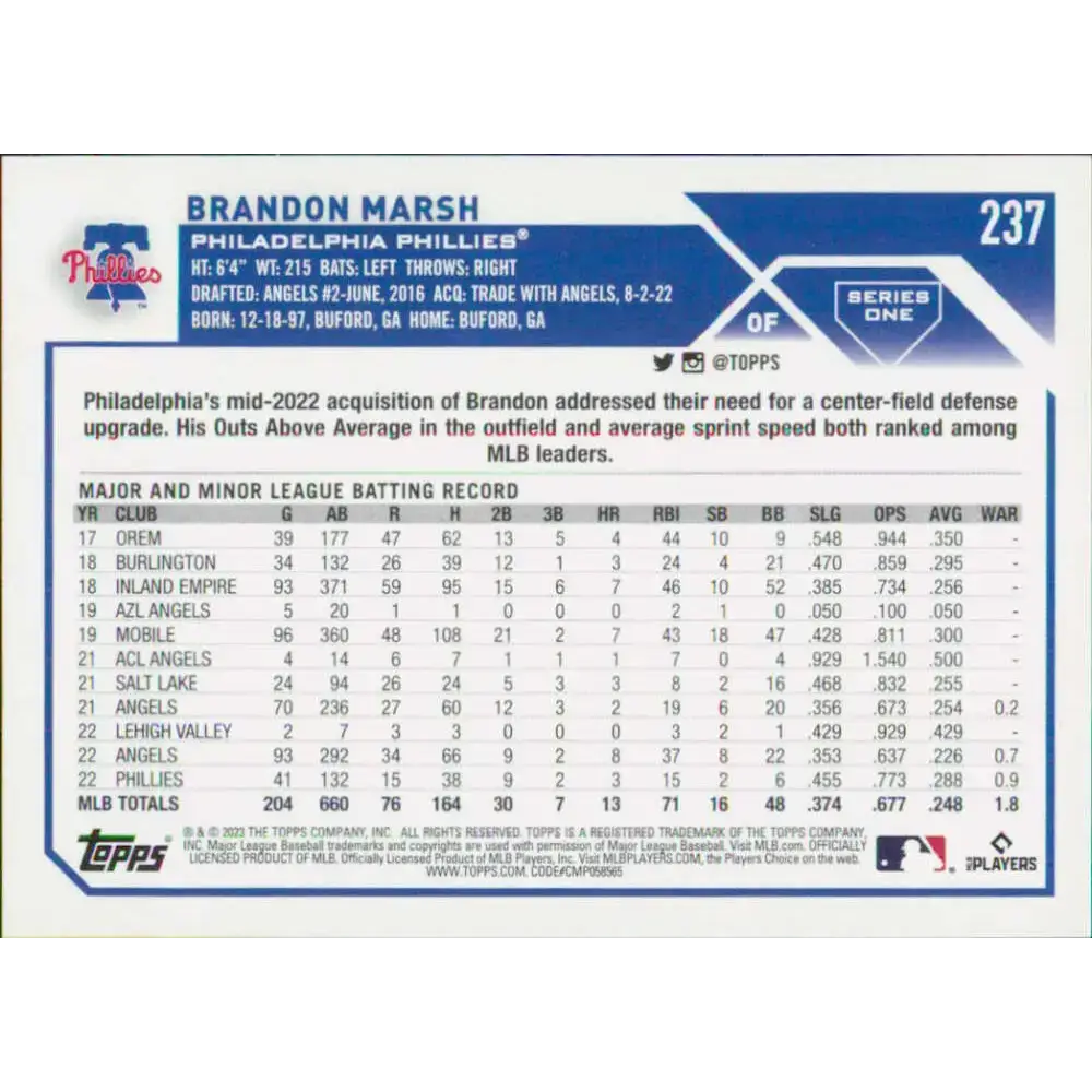 2023 Topps #237 Brandon Marsh NM-MT Philadelphia Phillies Baseball Card - Baseball Card Single