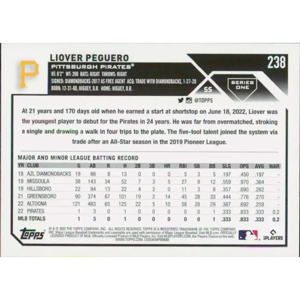 2023 Topps #238 Liover Peguero NM-MT RC Rookie Pittsburgh Pirates Baseball Card - Baseball Card Single