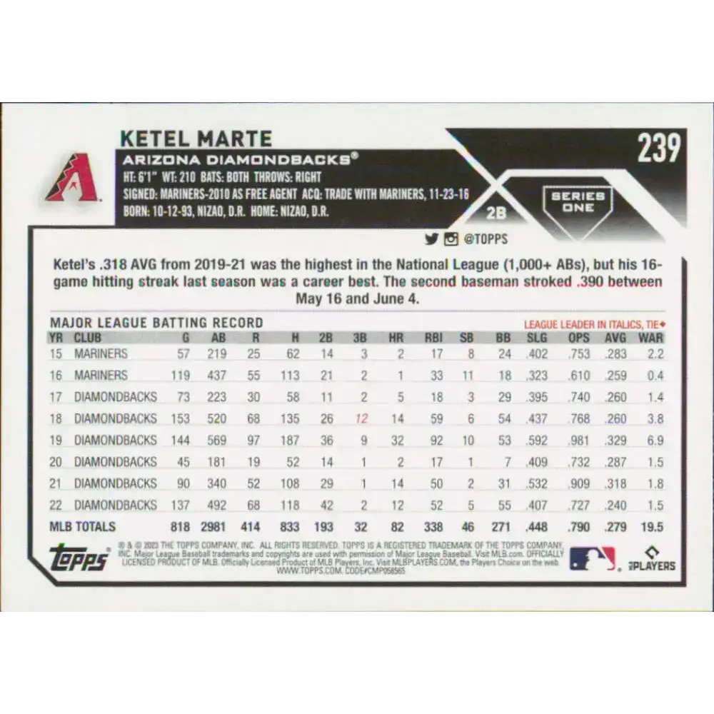 2023 Topps #239 Ketel Marte NM-MT Arizona Diamondbacks Baseball Card - Baseball Card Single