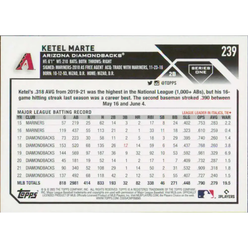 2023 Topps #239 Ketel Marte NM-MT Arizona Diamondbacks Baseball Card - Baseball Card Single