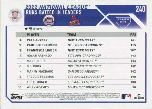 2023 Topps #240 Paul Goldschmidt/Pete Alonso/Francisco Lindor NM-MT ID:54064 - Baseball Card Single