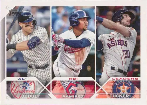 Baseball card featuring Kyle Tucker, Jose Ramirez, and Aaron Judge from 2023 Topps #241