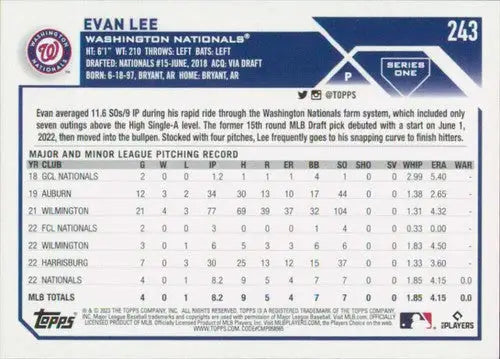 2023 Topps #243 Evan Lee NM-MT RC Rookie Nationals ID:58623 - Baseball Card Single