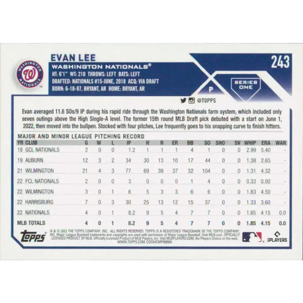 2023 Topps #243 Evan Lee NM-MT RC Rookie Washington Nationals Baseball Card - Baseball Card Single