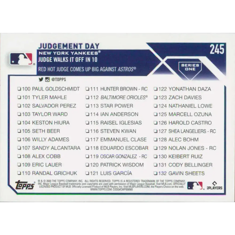2023 Topps #245 Aaron Judge NM-MT New York Yankees Baseball Card - Baseball Card Single
