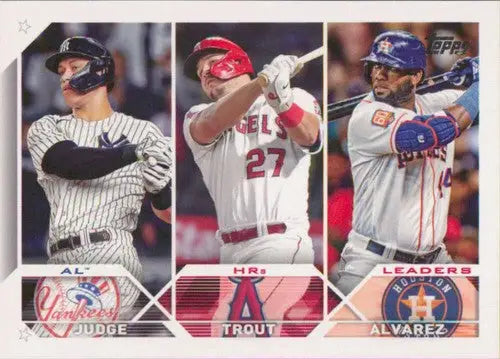 Baseball card featuring Aaron Judge, Mike Trout, and Yordan Alvarez with original gloss