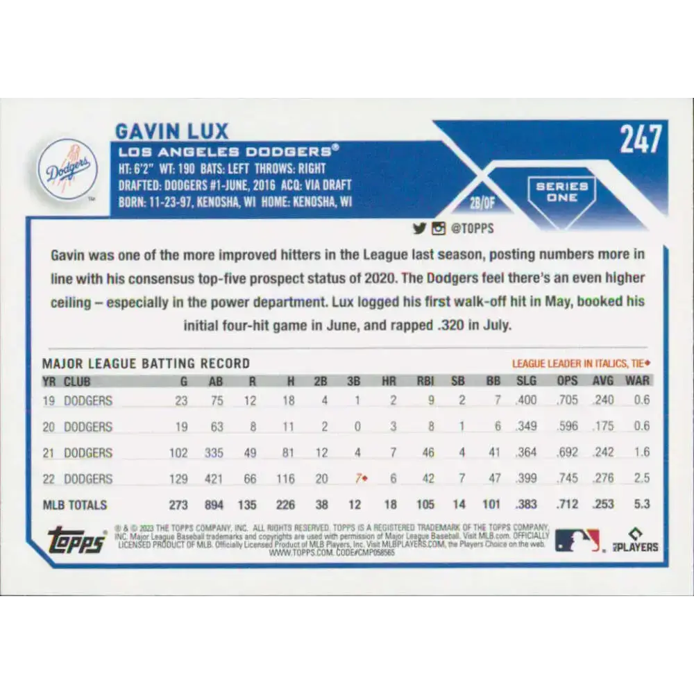 2023 Topps #247 Gavin Lux NM-MT Los Angeles Dodgers Baseball Card - Baseball Card Single