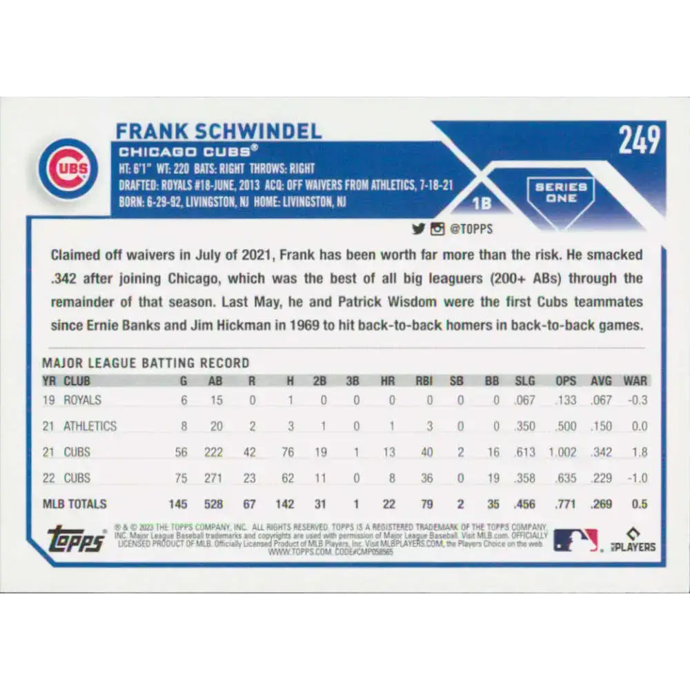 2023 Topps #249 Frank Schwindel NM-MT Chicago Cubs Baseball Card - Baseball Card Single
