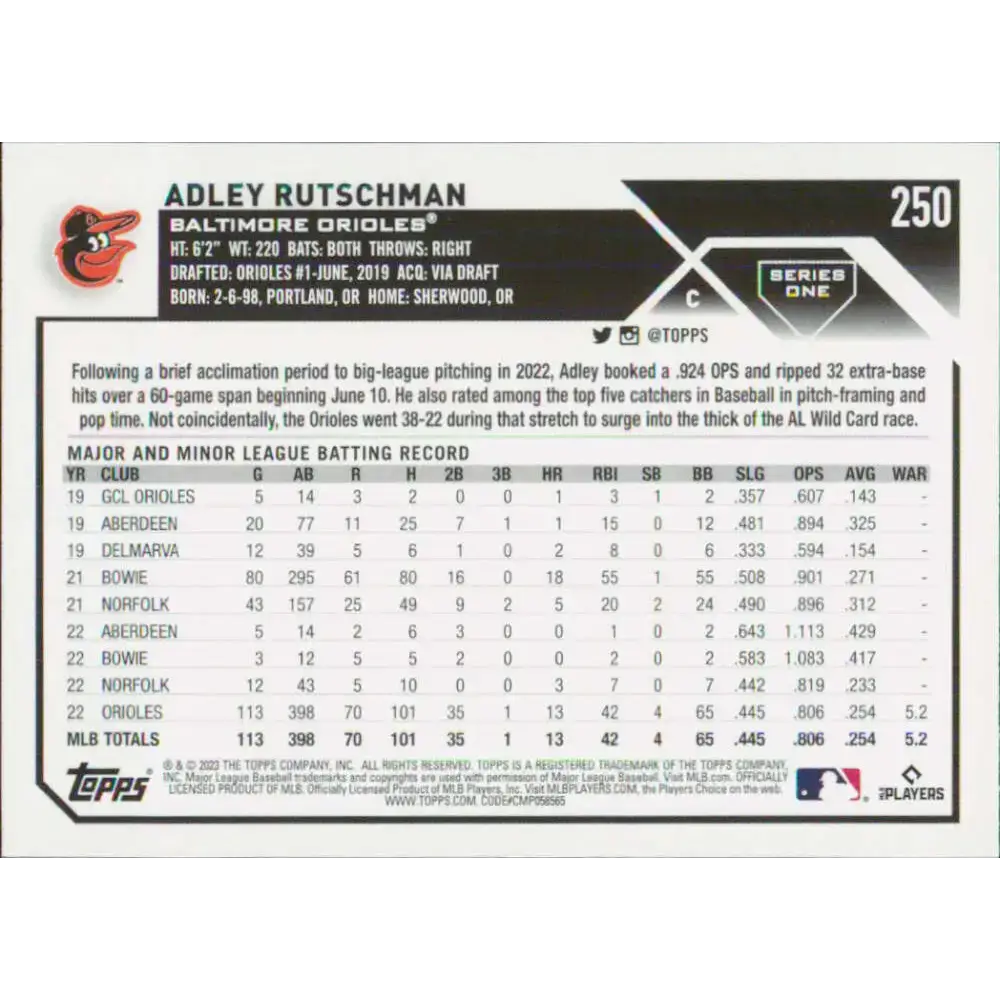 2023 Topps #250 Adley Rutschman NM-MT RC Rookie Baltimore Orioles Baseball Card - Baseball Card Single
