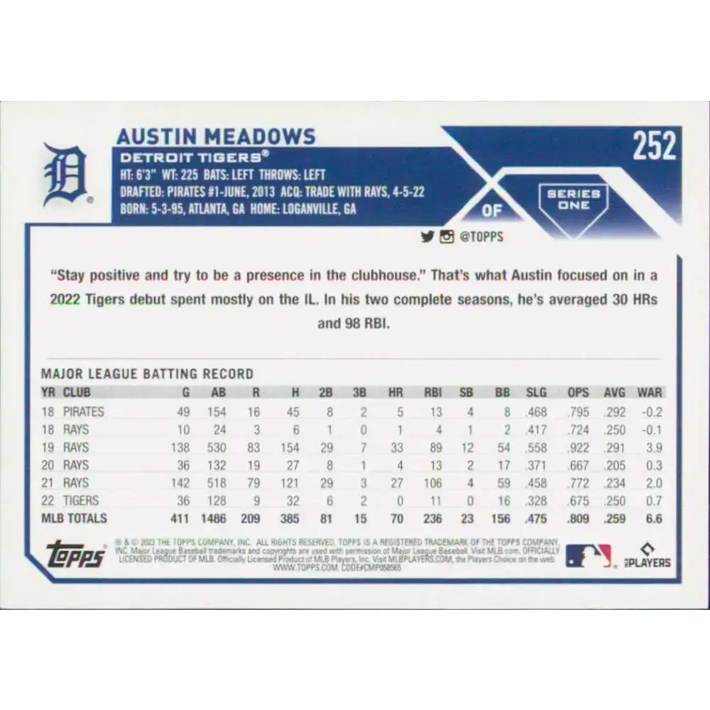 2023 Topps #252 Austin Meadows NM-MT Detroit Tigers Baseball Card - Baseball Card Single