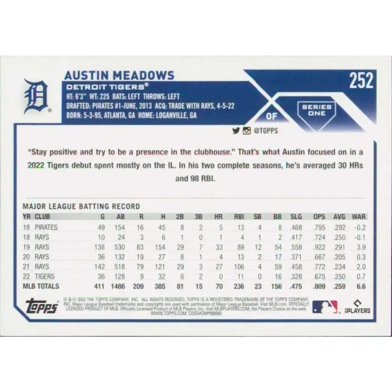 2023 Topps #252 Austin Meadows NM-MT Detroit Tigers Baseball Card - Baseball Card Single