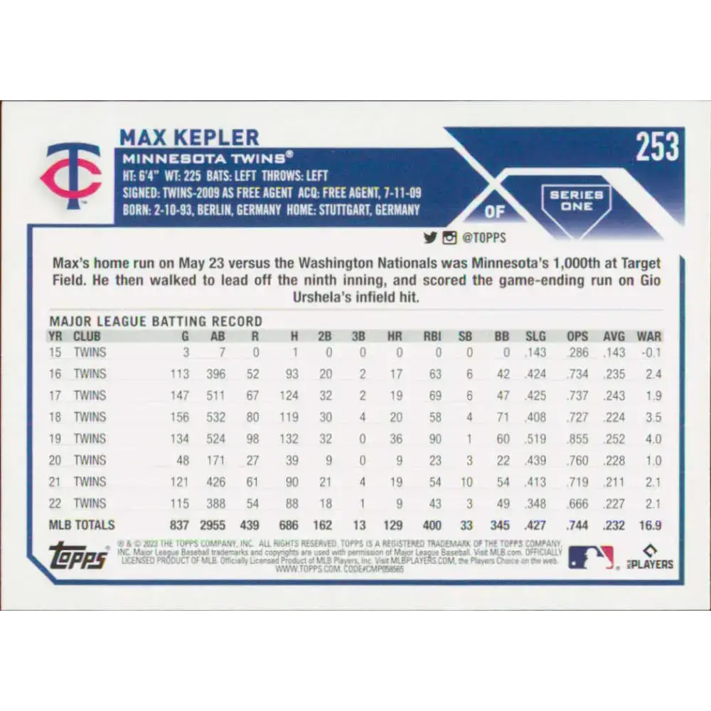 2023 Topps #253 Max Kepler NM-MT Minnesota Twins Baseball Card - Baseball Card Single