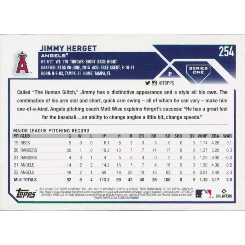 2023 Topps #254 Jimmy Herget NM-MT Los Angeles Angels Baseball Card - Baseball Card Single