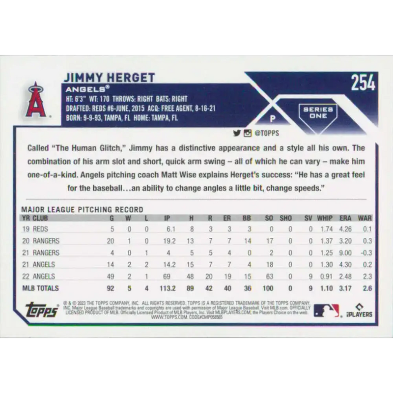 2023 Topps #254 Jimmy Herget NM-MT Los Angeles Angels Baseball Card - Baseball Card Single