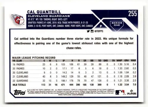Original gloss Cal Quantrill baseball card from 2023 Topps #255 featuring Simply Sandoval