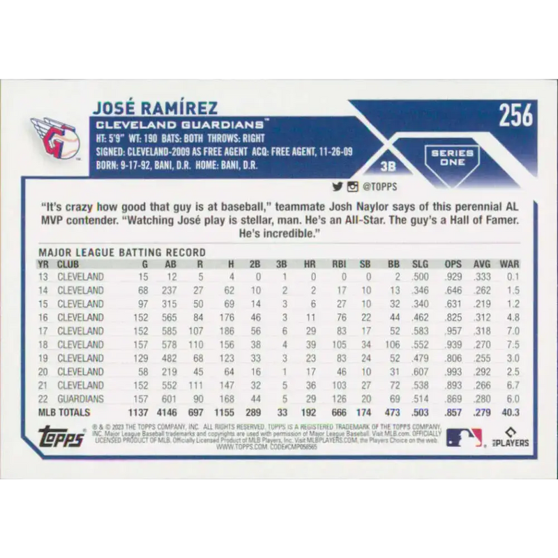 2023 Topps #256 Jose Ramirez NM-MT Cleveland Guardians Baseball Card - Baseball Card Single