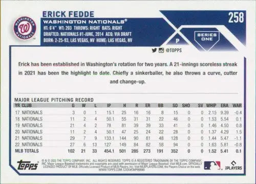 2023 Topps #258 Erick Fedde NM-MT Nationals ID:56875 - Baseball Card Single