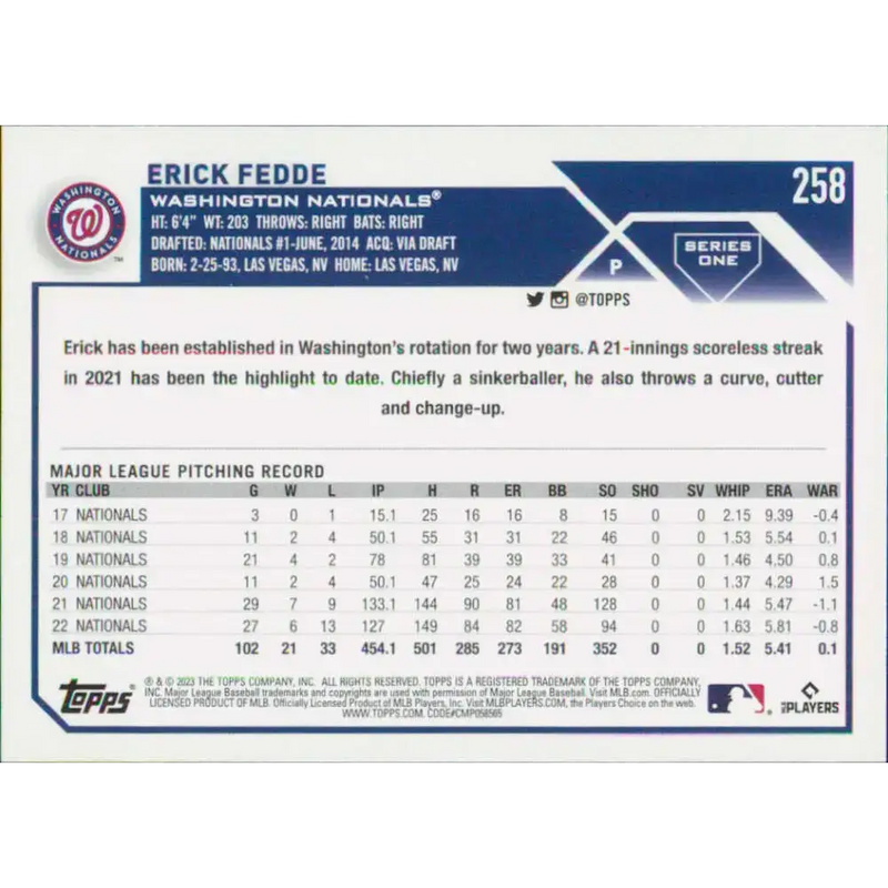 2023 Topps #258 Erick Fedde NM-MT Washington Nationals Baseball Card - Baseball Card Single
