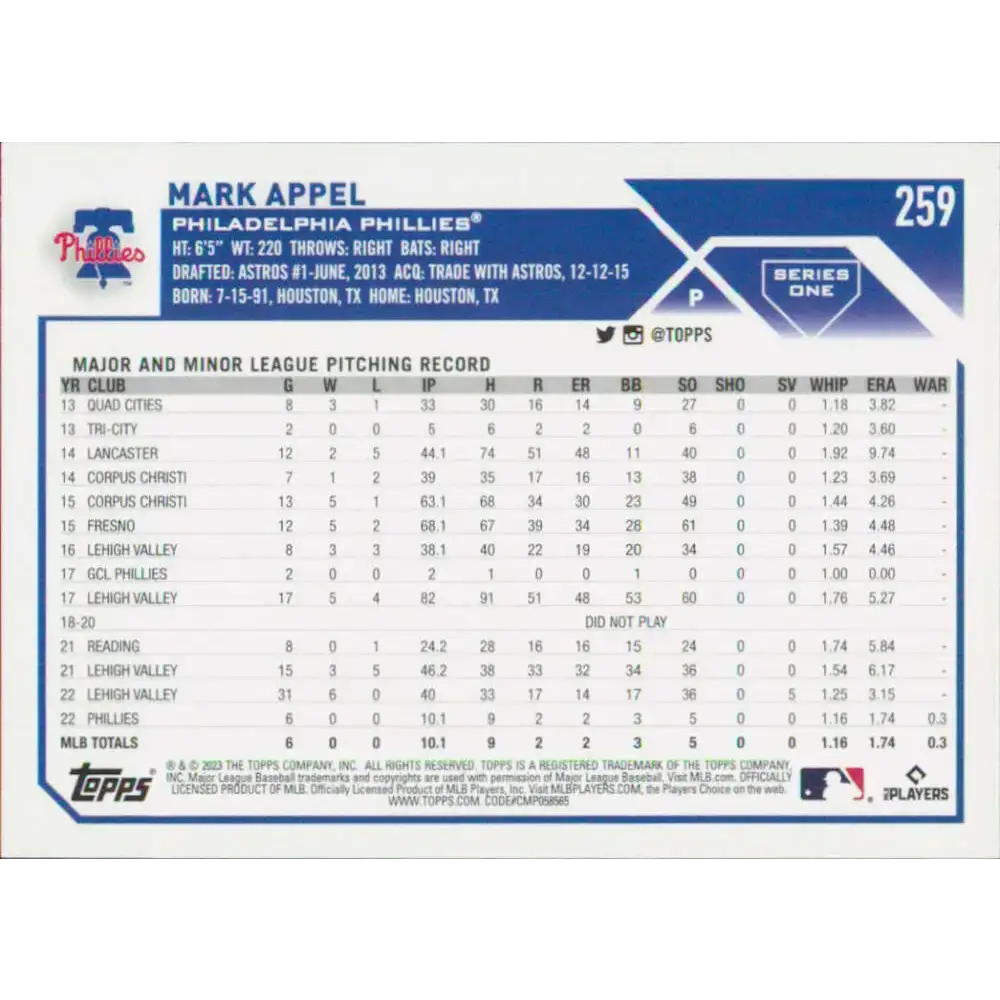 2023 Topps #259 Mark Appel NM-MT RC Rookie Philadelphia Phillies Baseball Card - Baseball Card Single