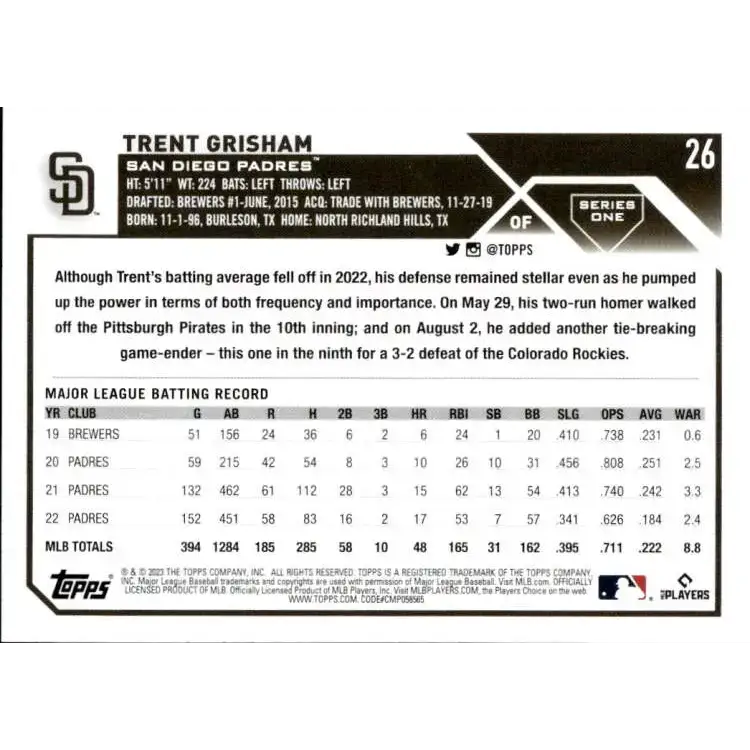 2023 Topps #26 Trent Grisham NM-MT San Diego Padres Baseball Card - Baseball Card Single