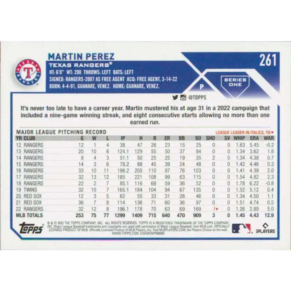 2023 Topps #261 Martin Perez NM-MT Texas Rangers Baseball Card - Baseball Card Single