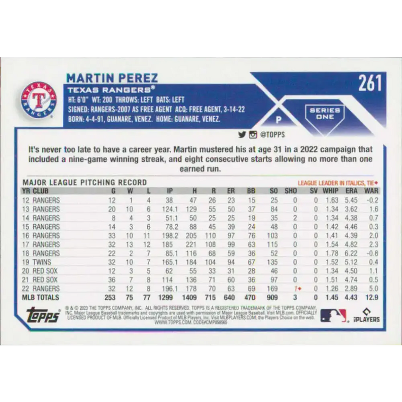2023 Topps #261 Martin Perez NM-MT Texas Rangers Baseball Card - Baseball Card Single