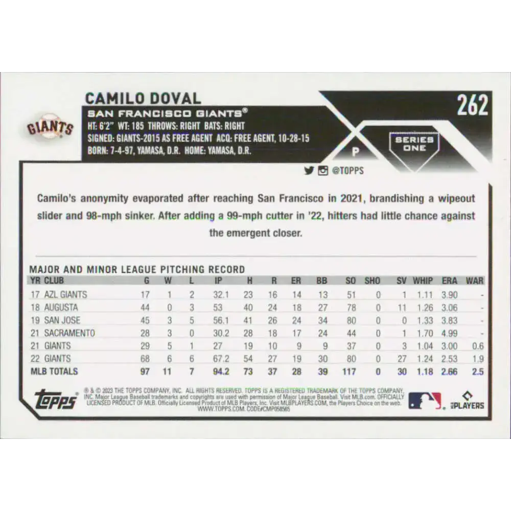 2023 Topps #262 Camilo Doval NM-MT San Francisco Giants Baseball Card - Baseball Card Single