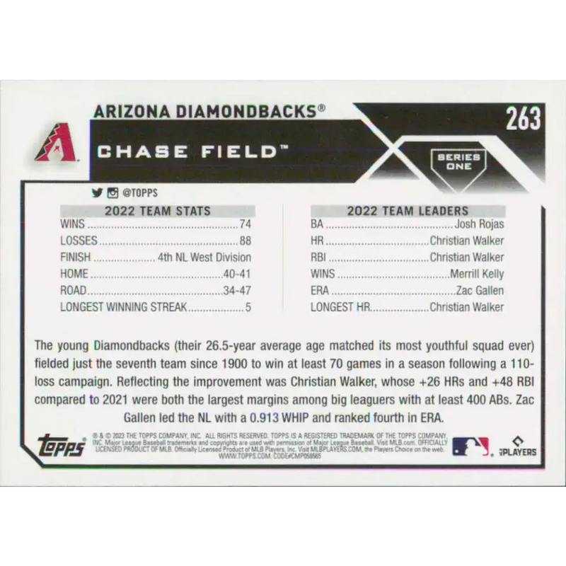 2023 Topps #263 Arizona Diamondbacks NM-MT Team Card Baseball Card - Baseball Card Single