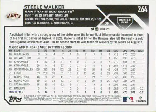 2023 Topps #264 Steele Walker NM-MT RC Rookie Giants ID:58650 - Baseball Card Single