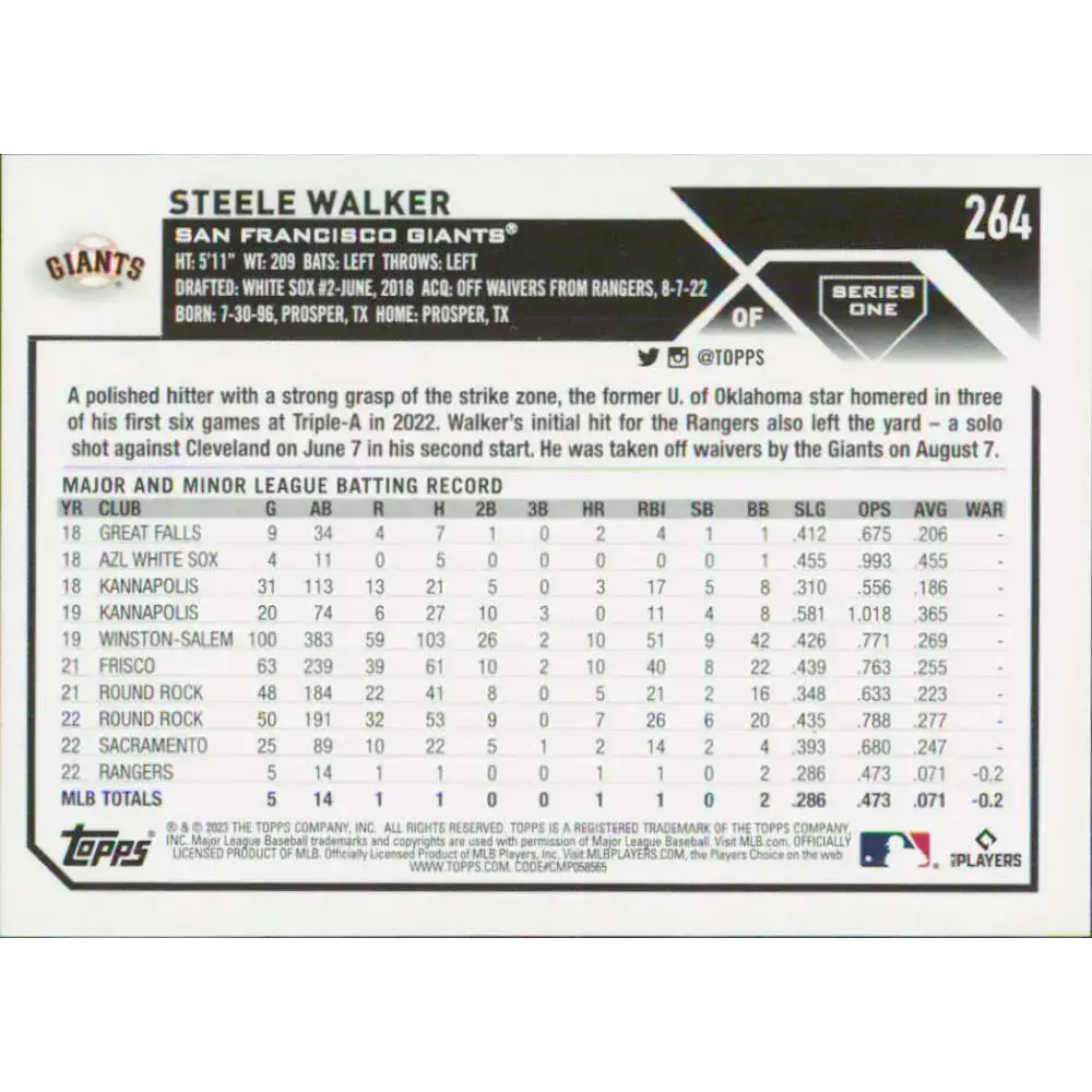 2023 Topps #264 Steele Walker NM-MT RC Rookie San Francisco Giants Baseball Card - Baseball Card Single