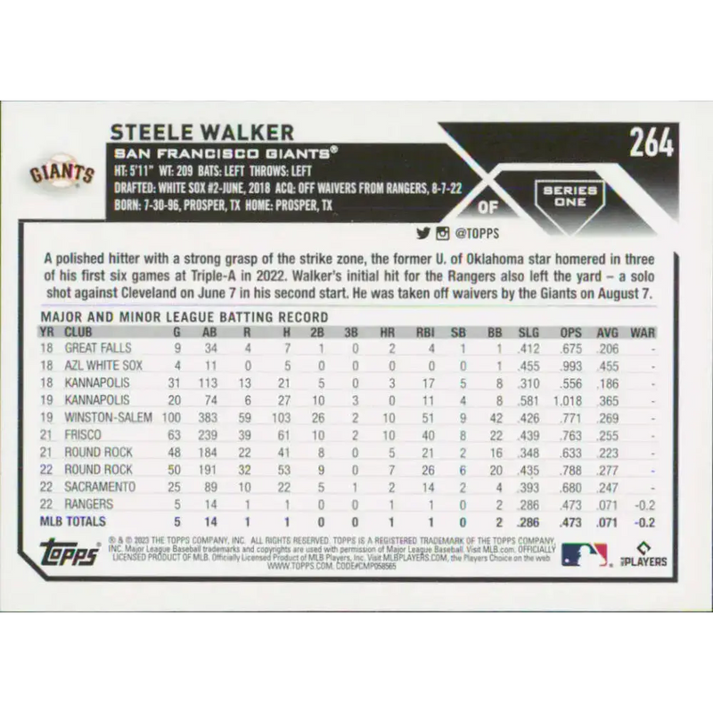 2023 Topps #264 Steele Walker NM-MT RC Rookie San Francisco Giants Baseball Card - Baseball Card Single