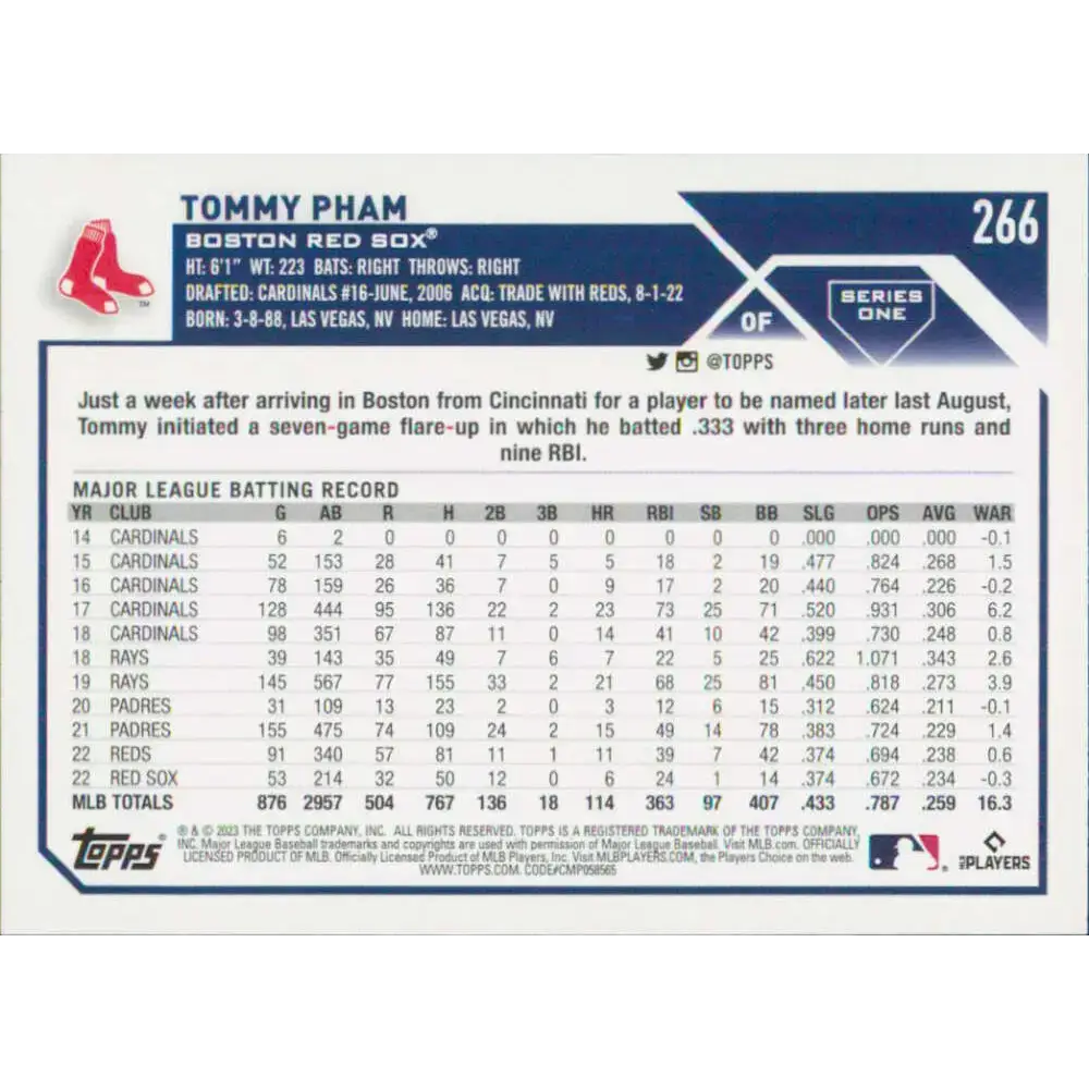 2023 Topps #266 Tommy Pham NM-MT Boston Red Sox Baseball Card - Baseball Card Single