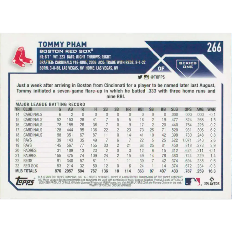 2023 Topps #266 Tommy Pham NM-MT Boston Red Sox Baseball Card - Baseball Card Single