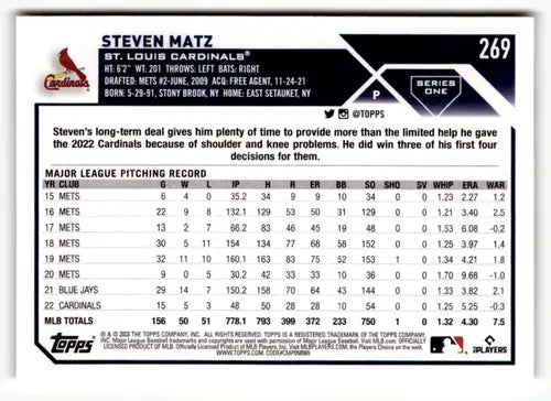 2023 Topps #269 Steven Matz NM-MT Cardinals ID:49504 - Baseball Card Single