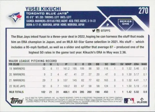 2023 Topps #270 Yusei Kikuchi NM-MT Blue Jays ID:49768 - Baseball Card Single
