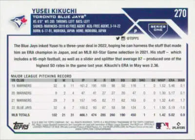Yusei Kikuchi baseball card with original gloss, 2023 Topps NM-MT Blue Jays