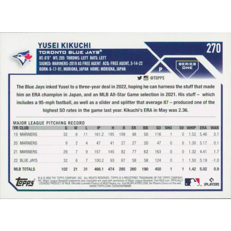 2023 Topps #270 Yusei Kikuchi NM-MT Toronto Blue Jays Baseball Card - Baseball Card Single