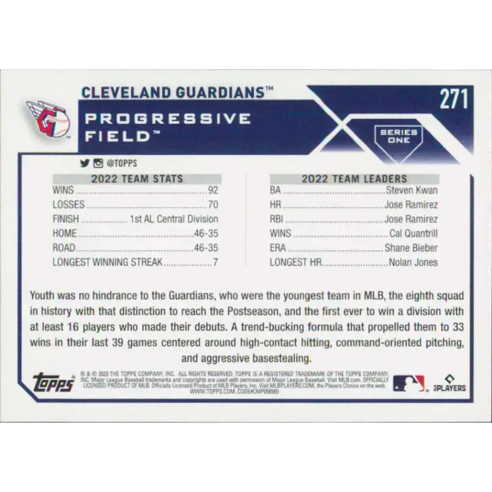 2023 Topps #271 Cleveland Guardians NM-MT Team Card Baseball Card - Baseball Card Single