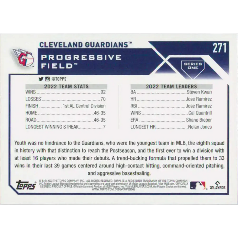 2023 Topps #271 Cleveland Guardians NM-MT Team Card Baseball Card - Baseball Card Single