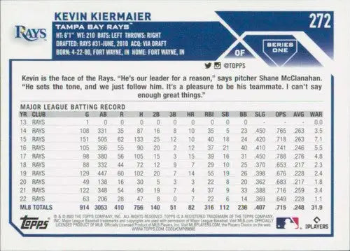 2023 Topps #272 Kevin Kiermaier NM-MT Rays ID:58962 - Baseball Card Single