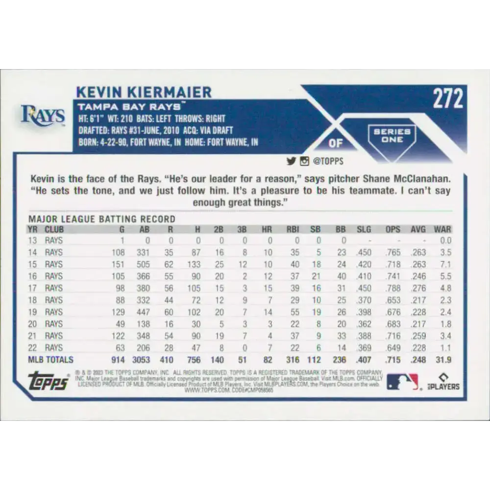 2023 Topps #272 Kevin Kiermaier NM-MT Tampa Bay Rays Baseball Card - Baseball Card Single