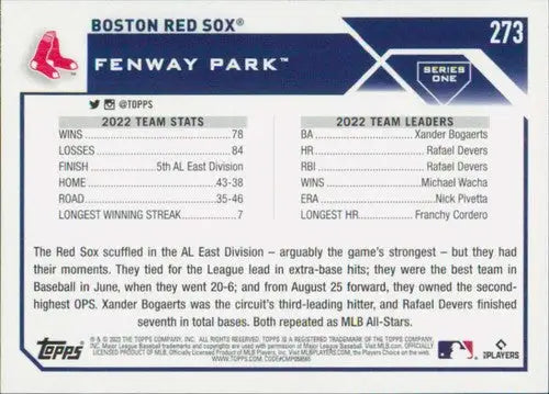 2023 Topps #273 Boston Red Sox NM-MT ID:49774 - Baseball Card Single