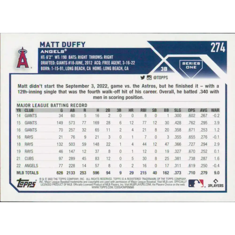 2023 Topps #274 Matt Duffy NM-MT Los Angeles Angels Baseball Card - Baseball Card Single