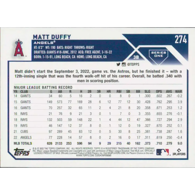 2023 Topps #274 Matt Duffy NM-MT Los Angeles Angels Baseball Card - Baseball Card Single