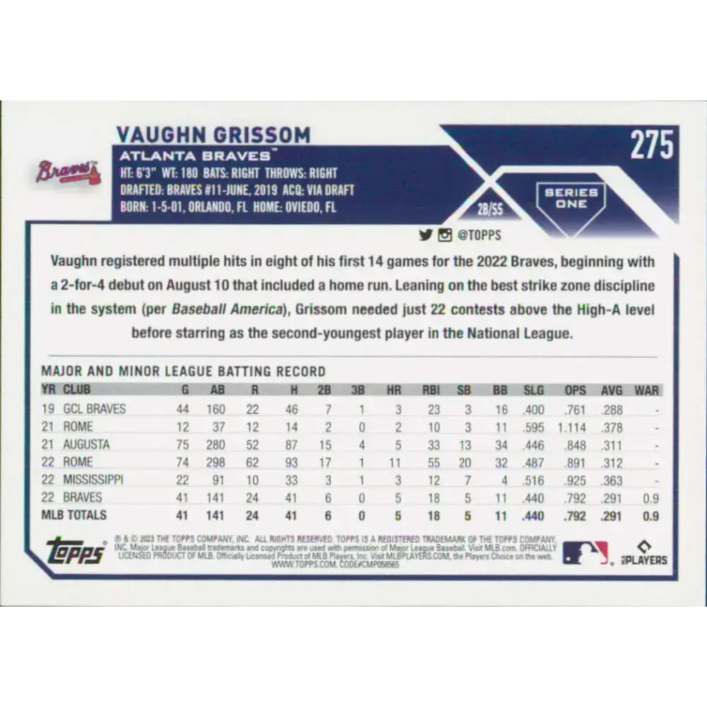 2023 Topps #275 Vaughn Grissom NM-MT RC Rookie Atlanta Braves Baseball Card - Baseball Card Single