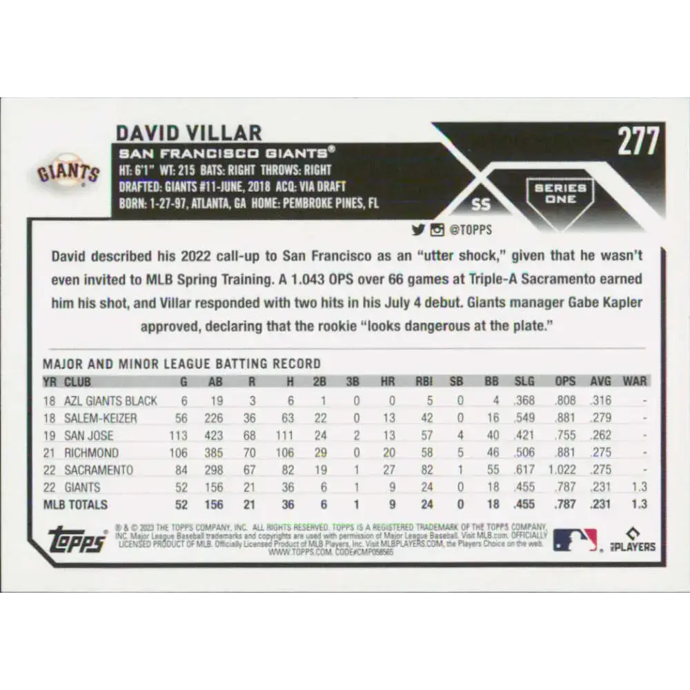 2023 Topps #277 David Villar NM-MT RC Rookie San Francisco Giants Baseball Card - Baseball Card Single